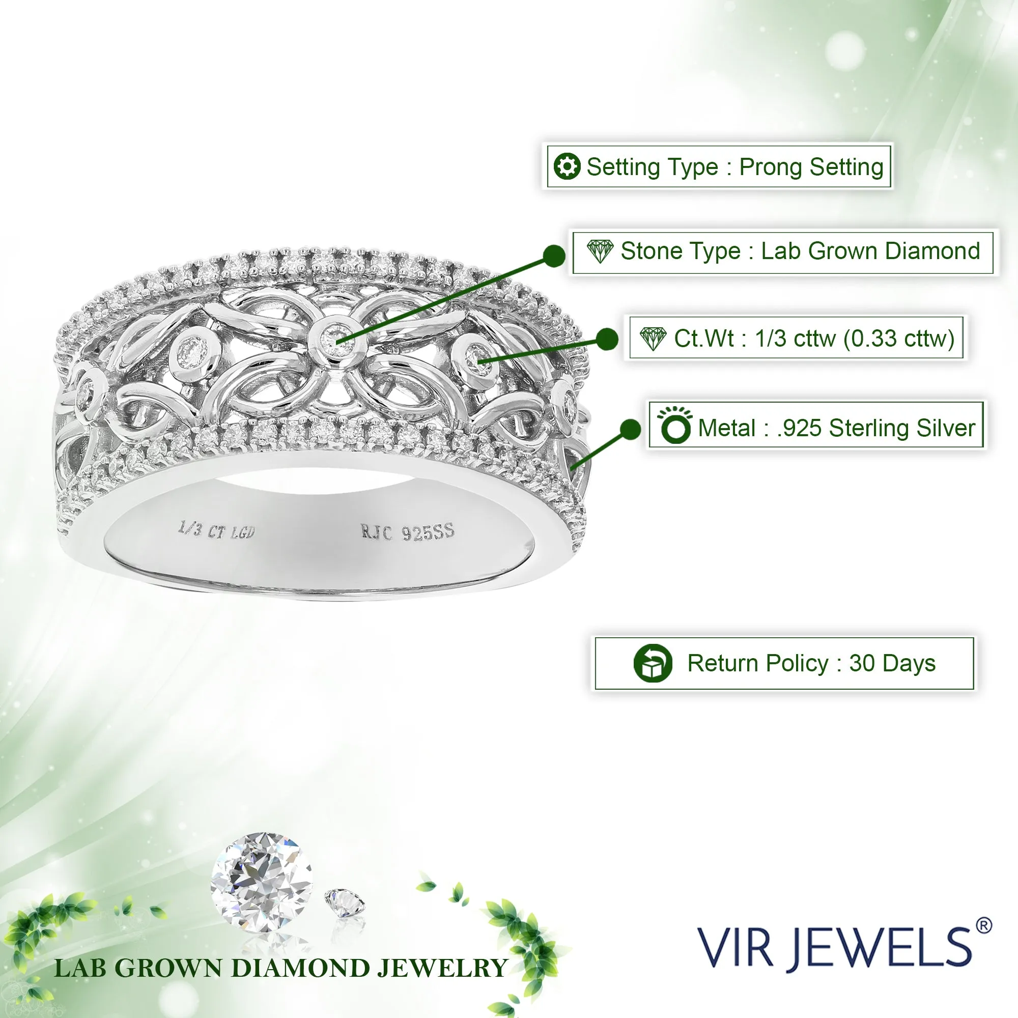 1/3 cttw Lab Grown Diamond Floral Lace Wedding Band in Silver