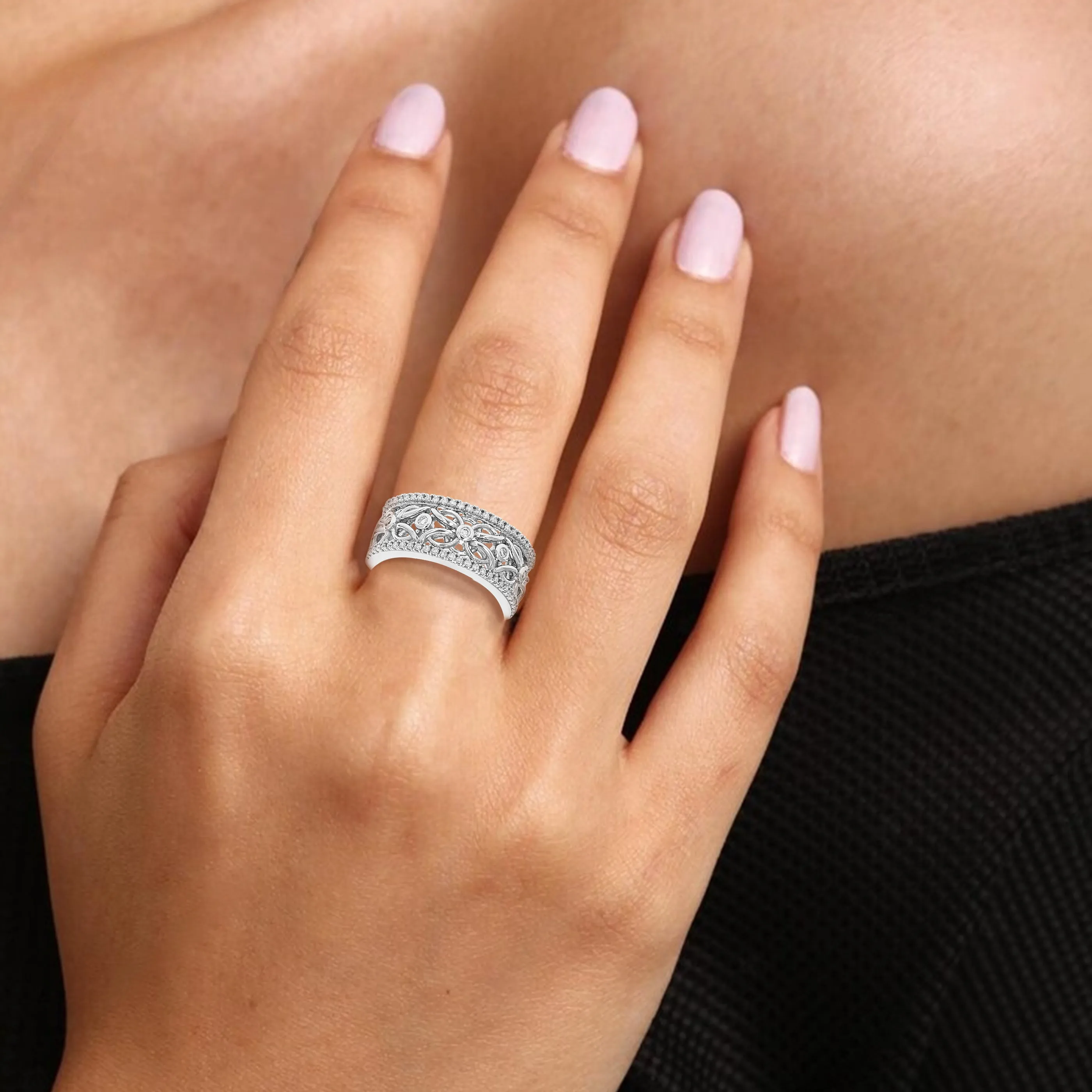 1/3 cttw Lab Grown Diamond Floral Lace Wedding Band in Silver