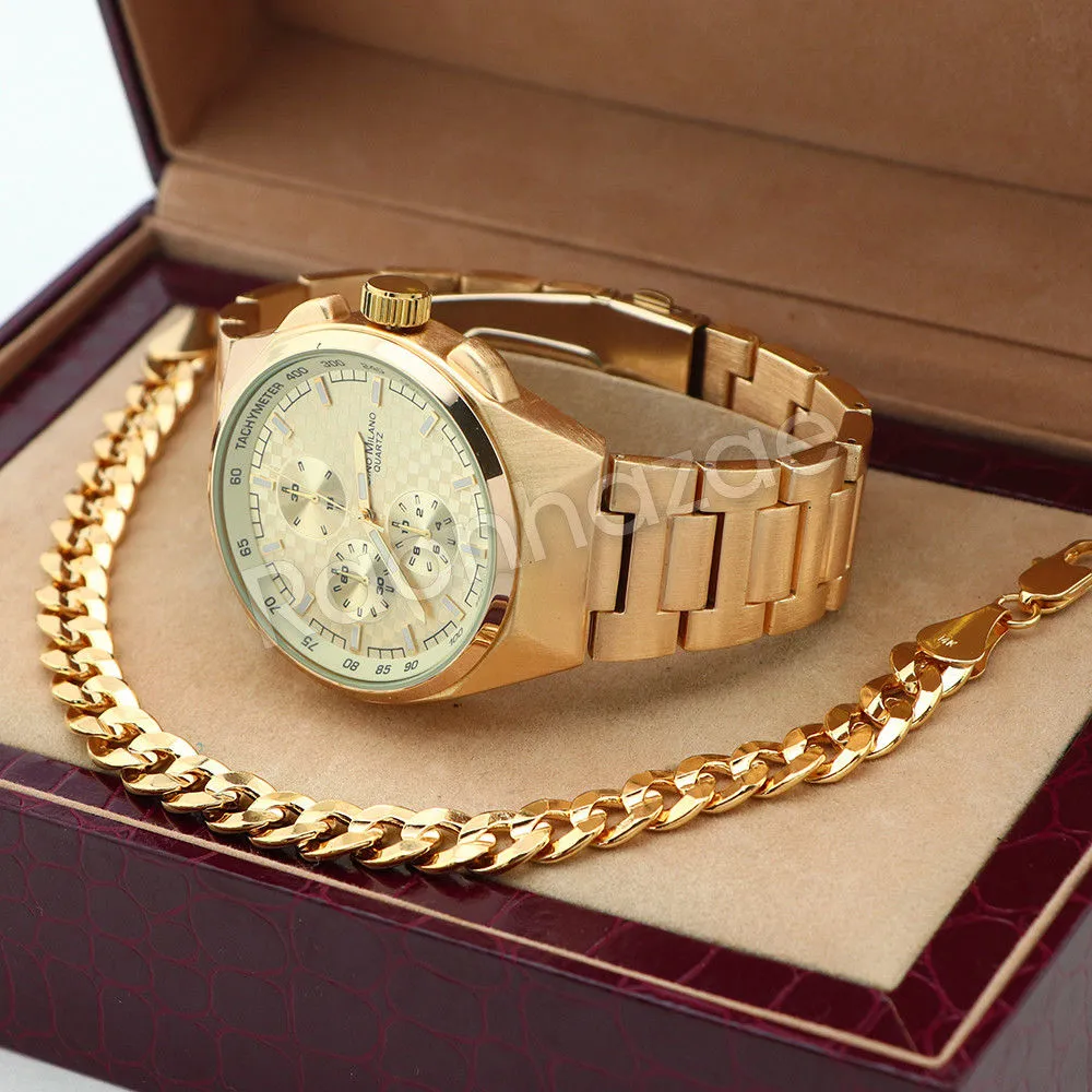 14K Gold PT Designer Bezel Metal Band Gold Watch Diamond Cut Cuban Bracelet G85G