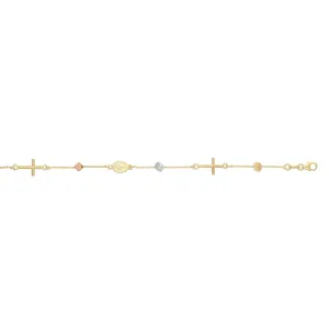 14K Tri-color Gold Polished Cube & Cross Bracelet