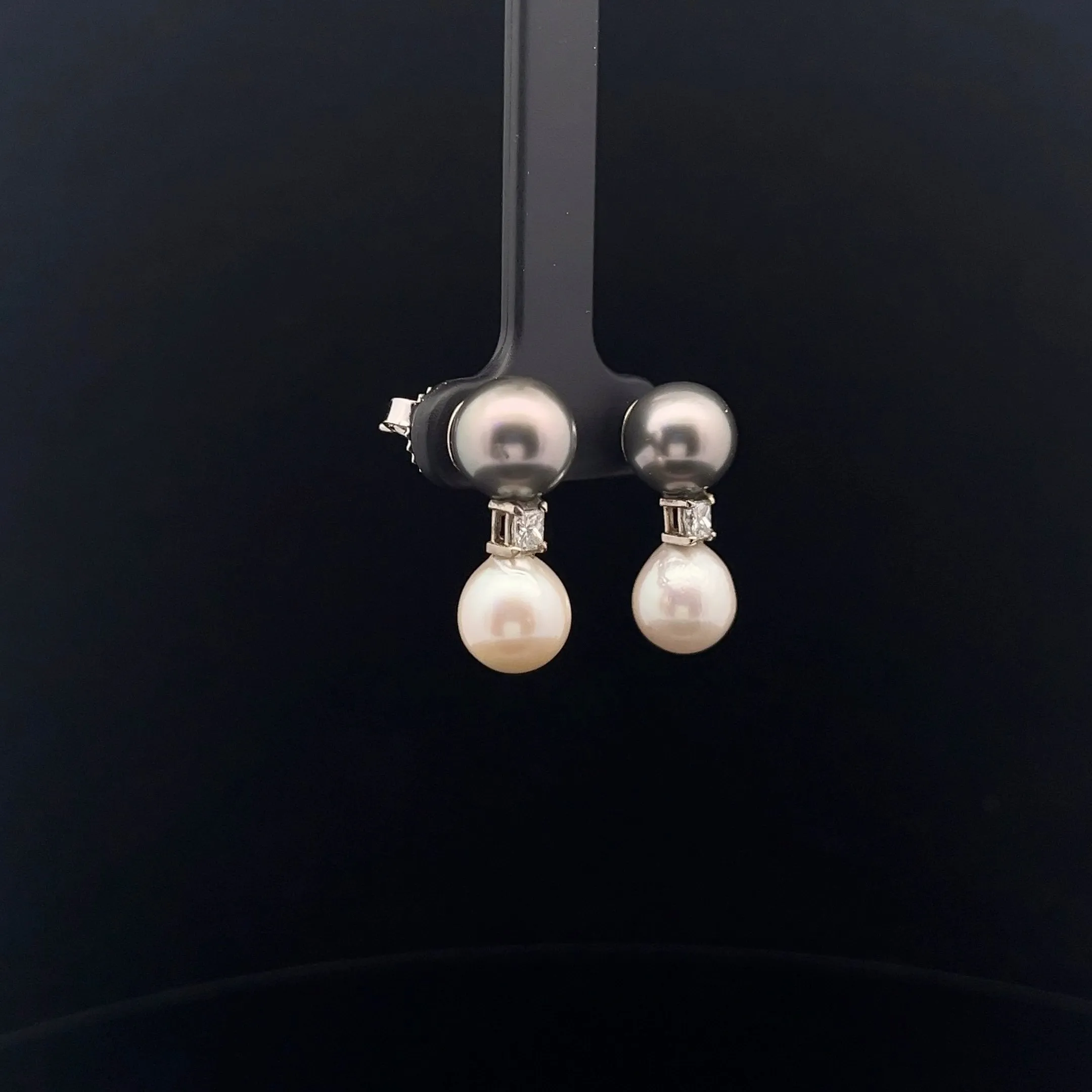 14k White Gold .25ct G VS2 Princess Cut Diamond and Tahitian and Akoya Pearl 8mm Earrings
