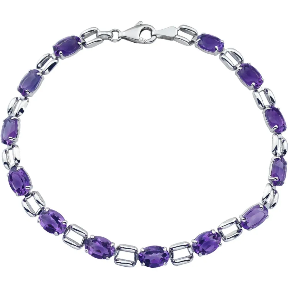14k White Gold 7x5mm Oval Amethyst 7" Bracelet