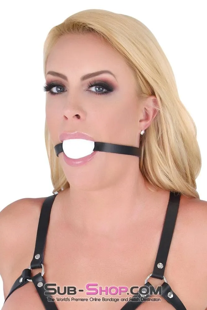 1502A       Thin Strap Buckling Ball Gag, Black Leather Strap, White Ball