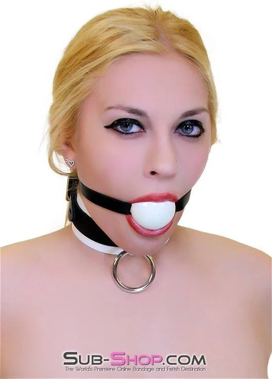1502A       Thin Strap Buckling Ball Gag, Black Leather Strap, White Ball