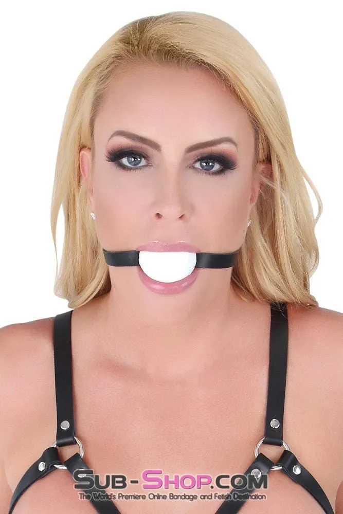 1502A       Thin Strap Buckling Ball Gag, Black Leather Strap, White Ball