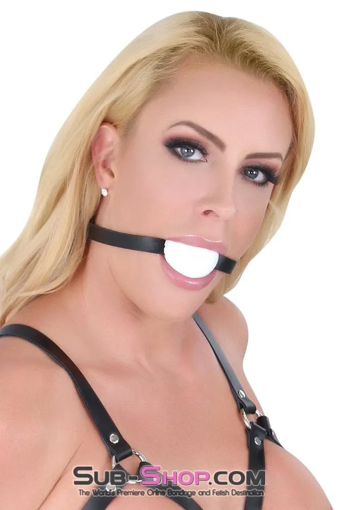 1502A       Thin Strap Buckling Ball Gag, Black Leather Strap, White Ball