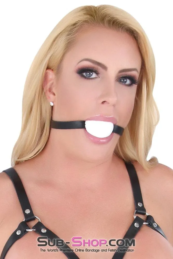 1502A       Thin Strap Buckling Ball Gag, Black Leather Strap, White Ball