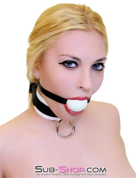 1502A       Thin Strap Buckling Ball Gag, Black Leather Strap, White Ball