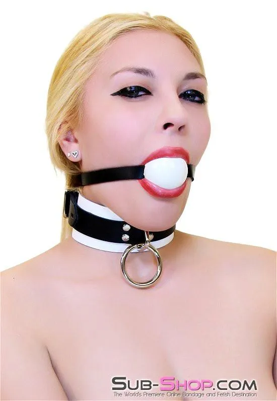 1502A       Thin Strap Buckling Ball Gag, Black Leather Strap, White Ball