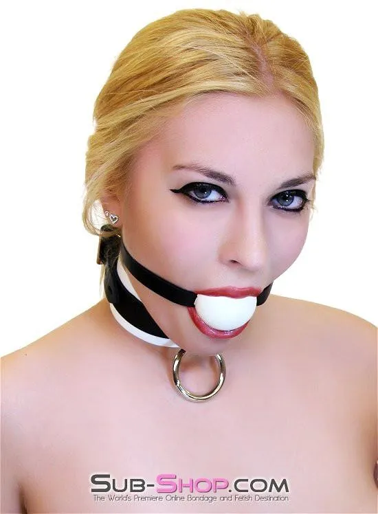 1502A       Thin Strap Buckling Ball Gag, Black Leather Strap, White Ball