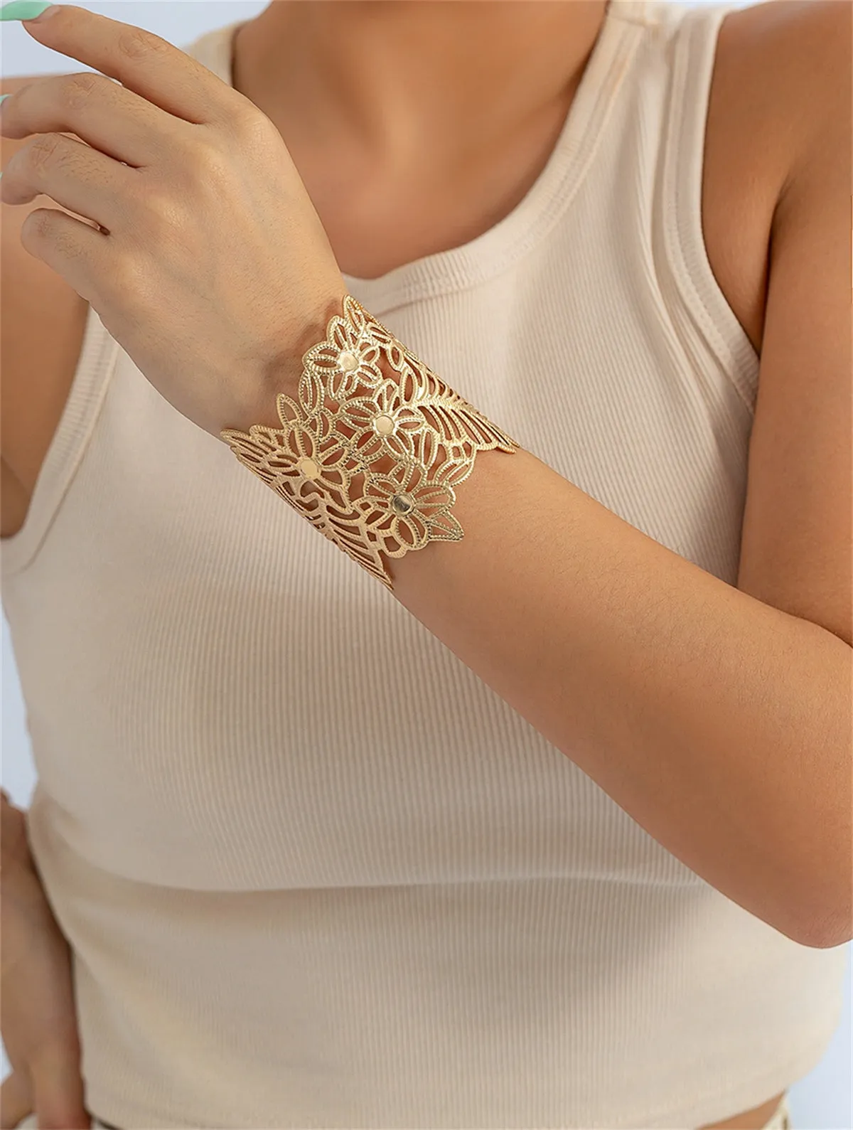 18K Gold-Plated Openwork Flower & Leaves Wrap Cuff Bracelet