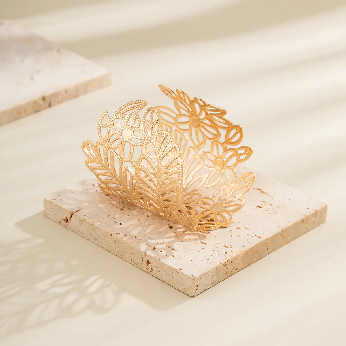 18K Gold-Plated Openwork Flower & Leaves Wrap Cuff Bracelet