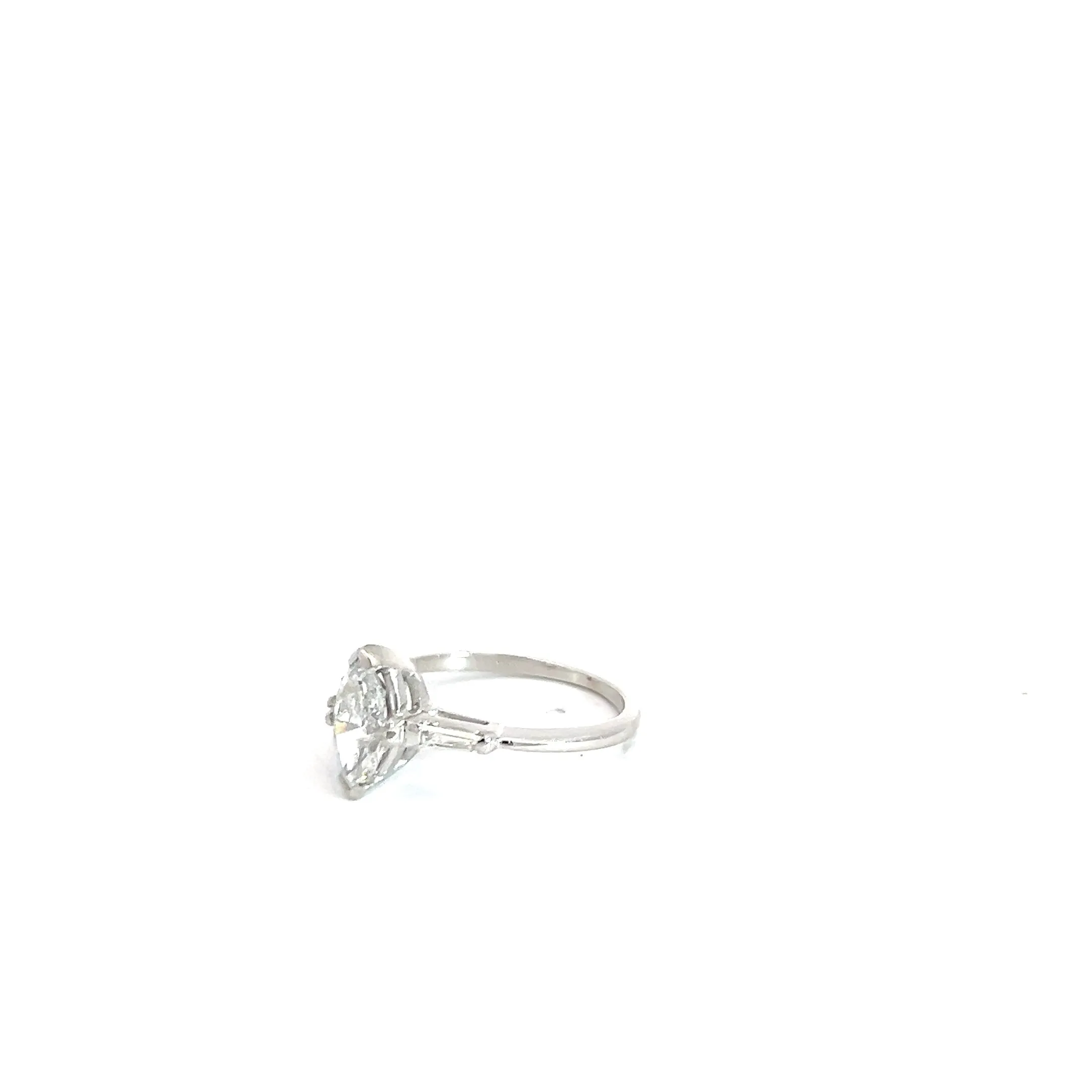 18k White Gold .91ct F SI2  Marquise Shaped Diamond / .10ct I1 Tapered Baguette Diamond  Engagement Ring Size 5 3/4