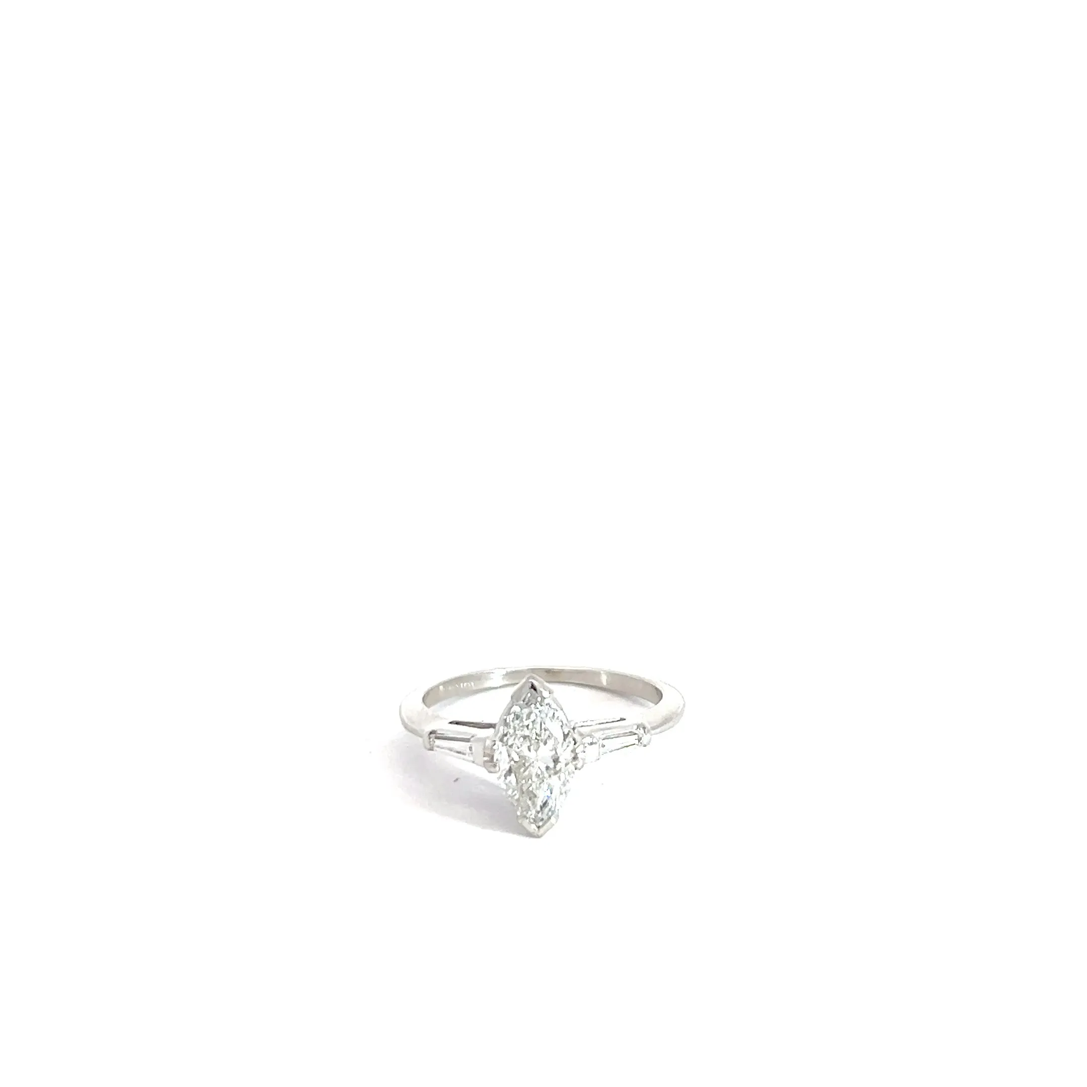 18k White Gold .91ct F SI2  Marquise Shaped Diamond / .10ct I1 Tapered Baguette Diamond  Engagement Ring Size 5 3/4