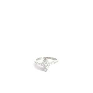 18k White Gold .91ct F SI2  Marquise Shaped Diamond / .10ct I1 Tapered Baguette Diamond  Engagement Ring Size 5 3/4