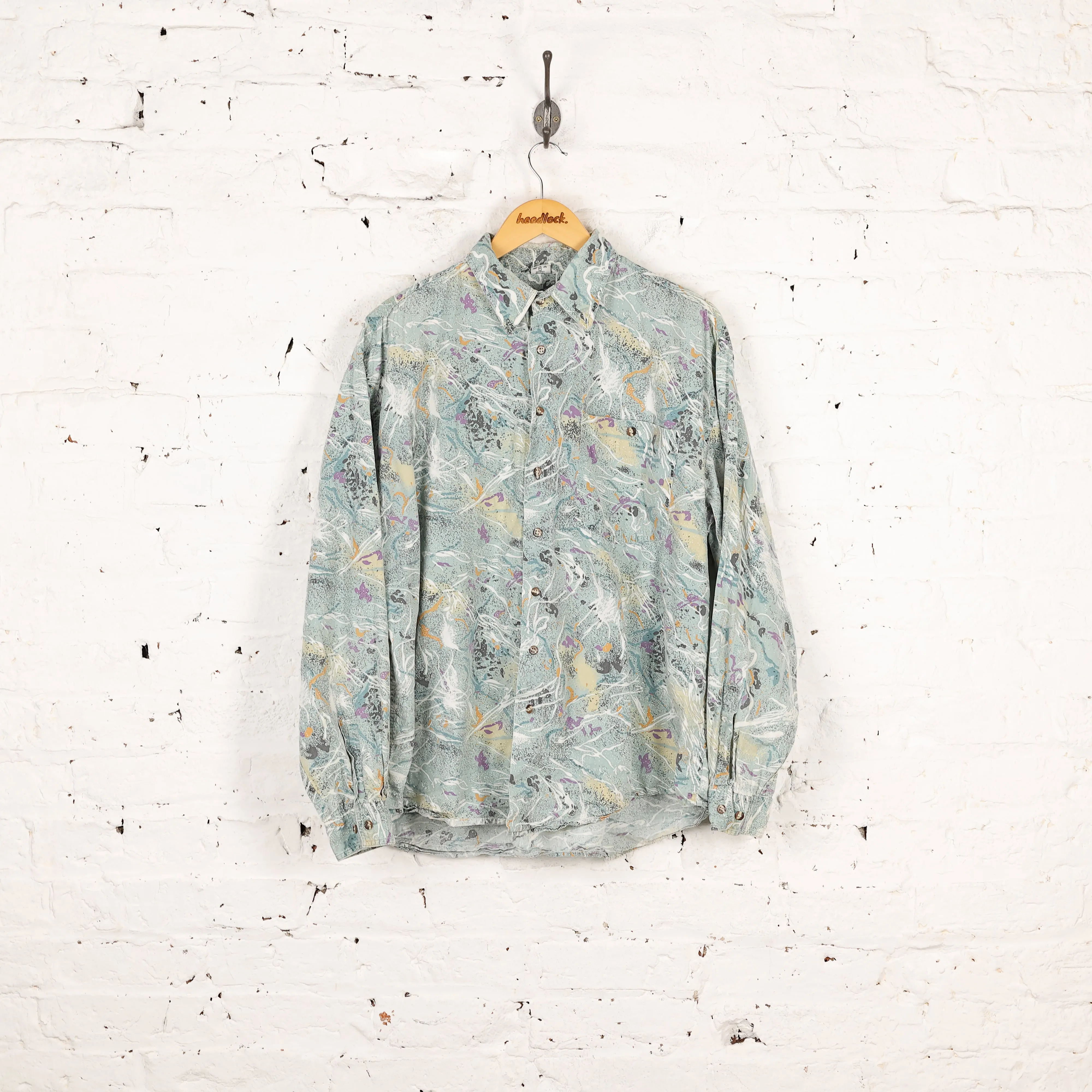 90s Long Sleeve Pattern Shirt - Green - L