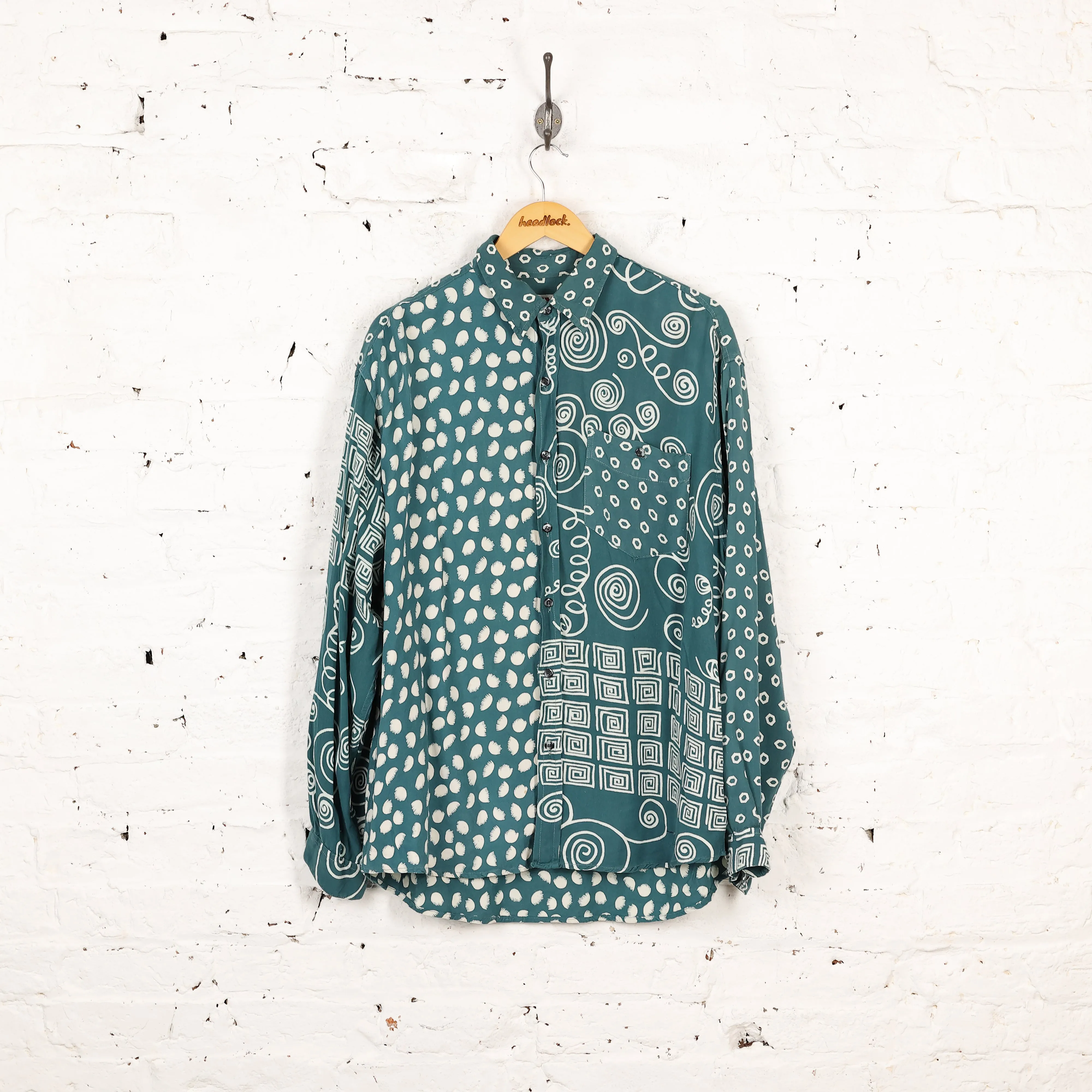 90s Long Sleeve Pattern Shirt - Green - XL