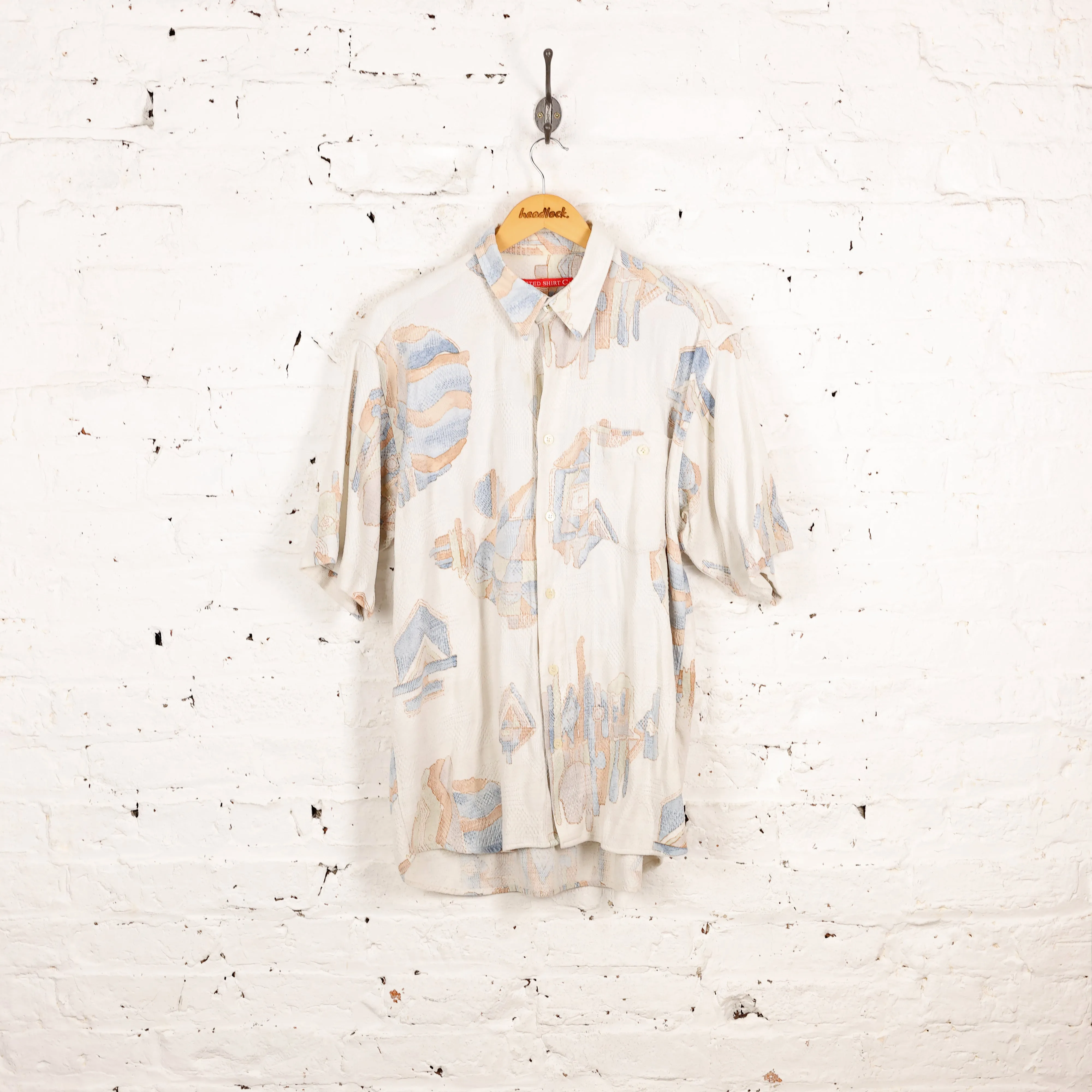 90s Short Sleeve Pattern Shirt - White - XL