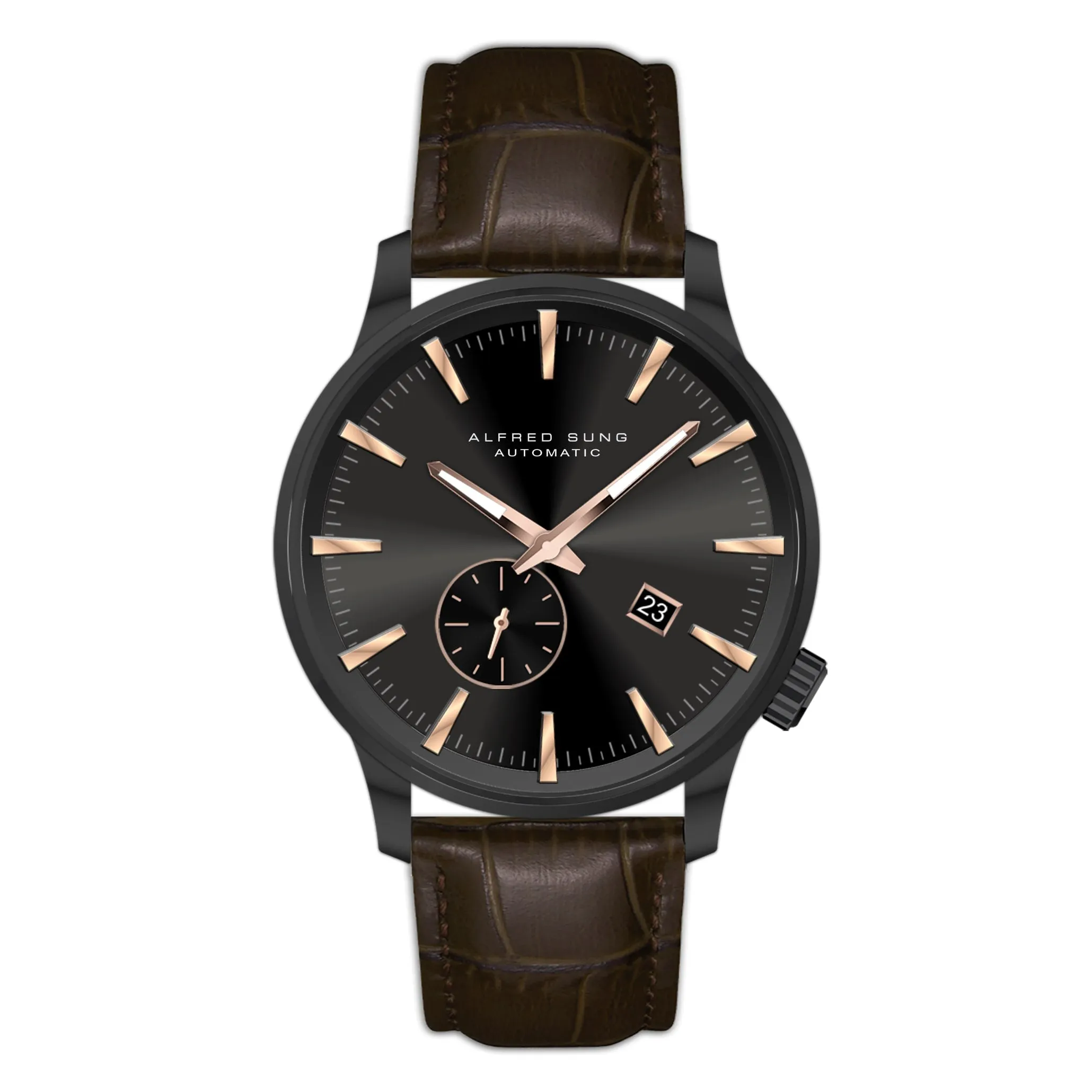 Alfred Sung Automatic II Black Sunray Dial Brown Leather Strap Men's watch