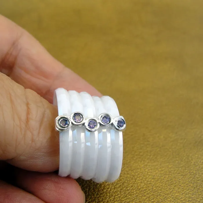 Amethyst Ring White Ceramic 925 Silver 7,8,9,10  Handmade Hadar Designers (I r889