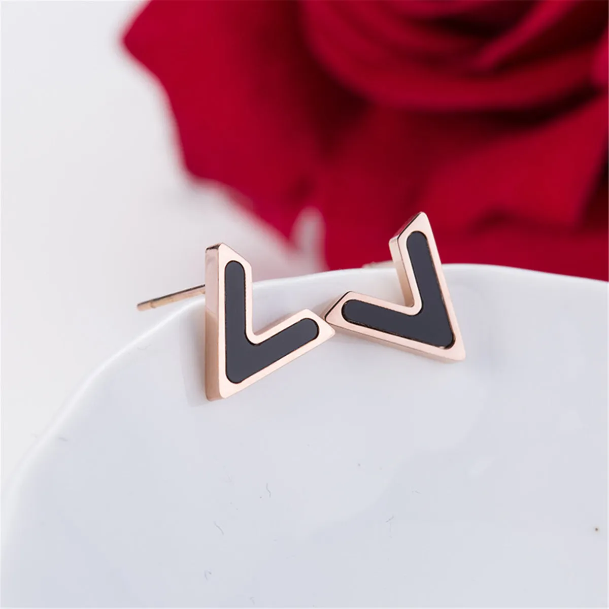 Black & 18K Rose Gold-Plated V Stud Earrings