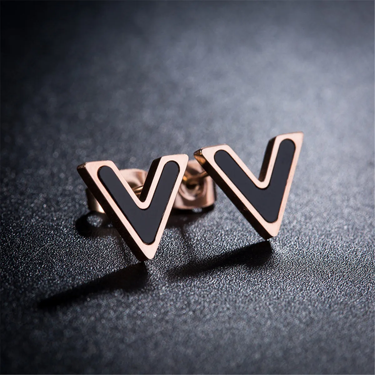 Black & 18K Rose Gold-Plated V Stud Earrings