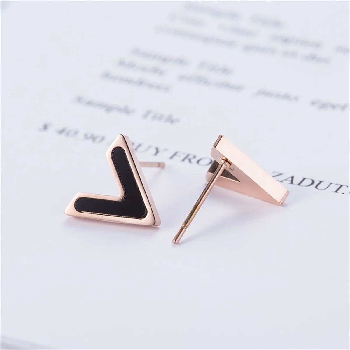 Black & 18K Rose Gold-Plated V Stud Earrings