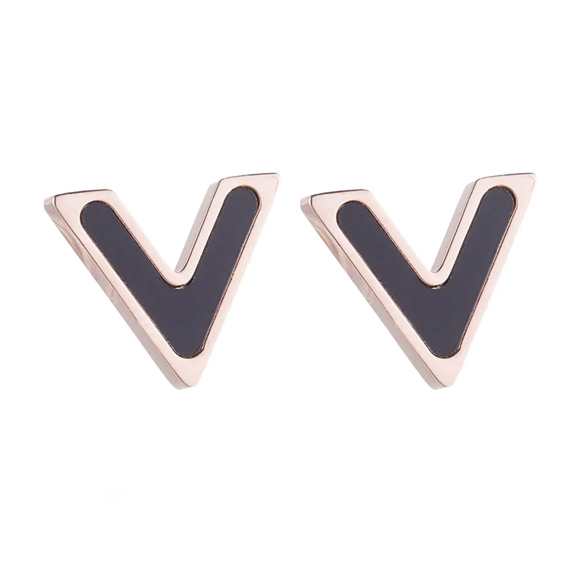 Black & 18K Rose Gold-Plated V Stud Earrings