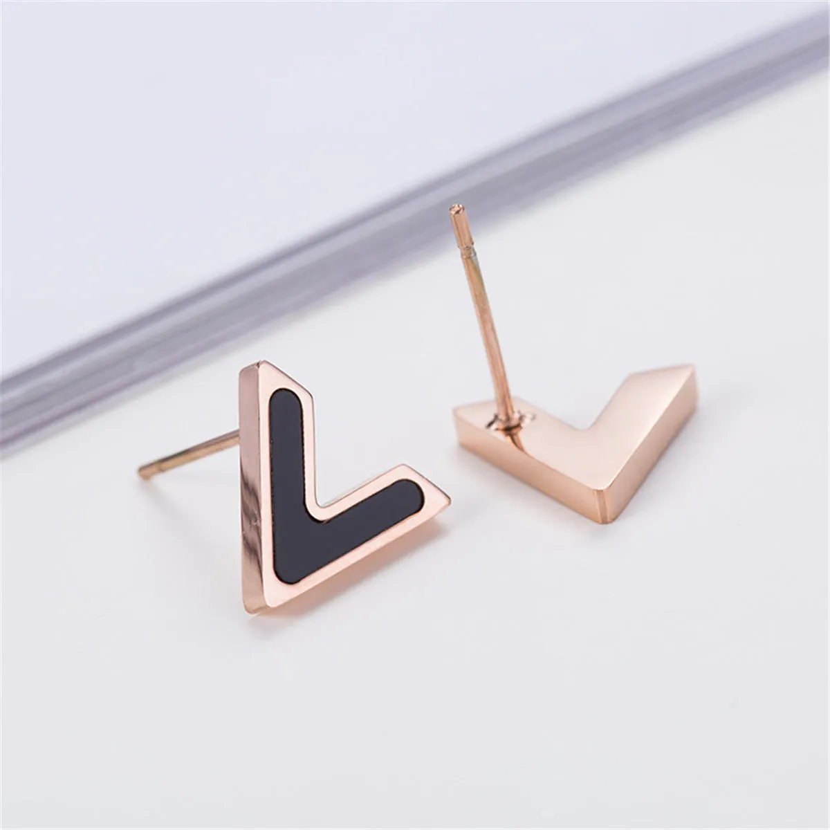 Black & 18K Rose Gold-Plated V Stud Earrings