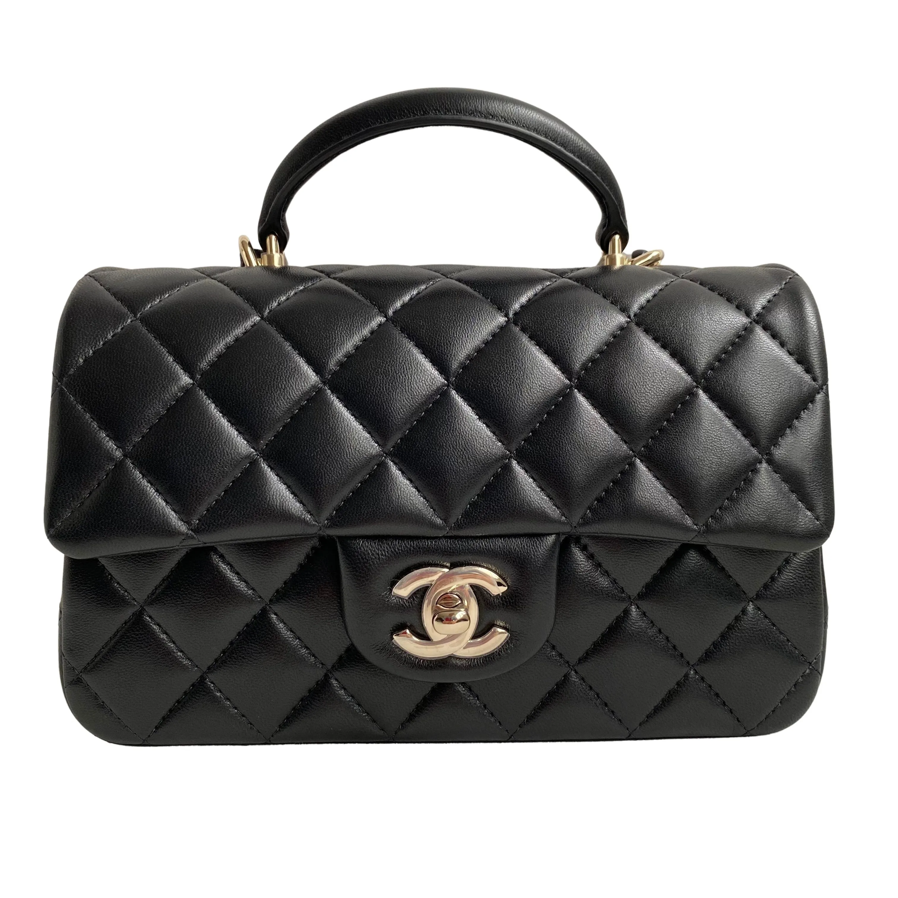 Black Lambskin Quilted Mini Top Handle Rectangular Flap