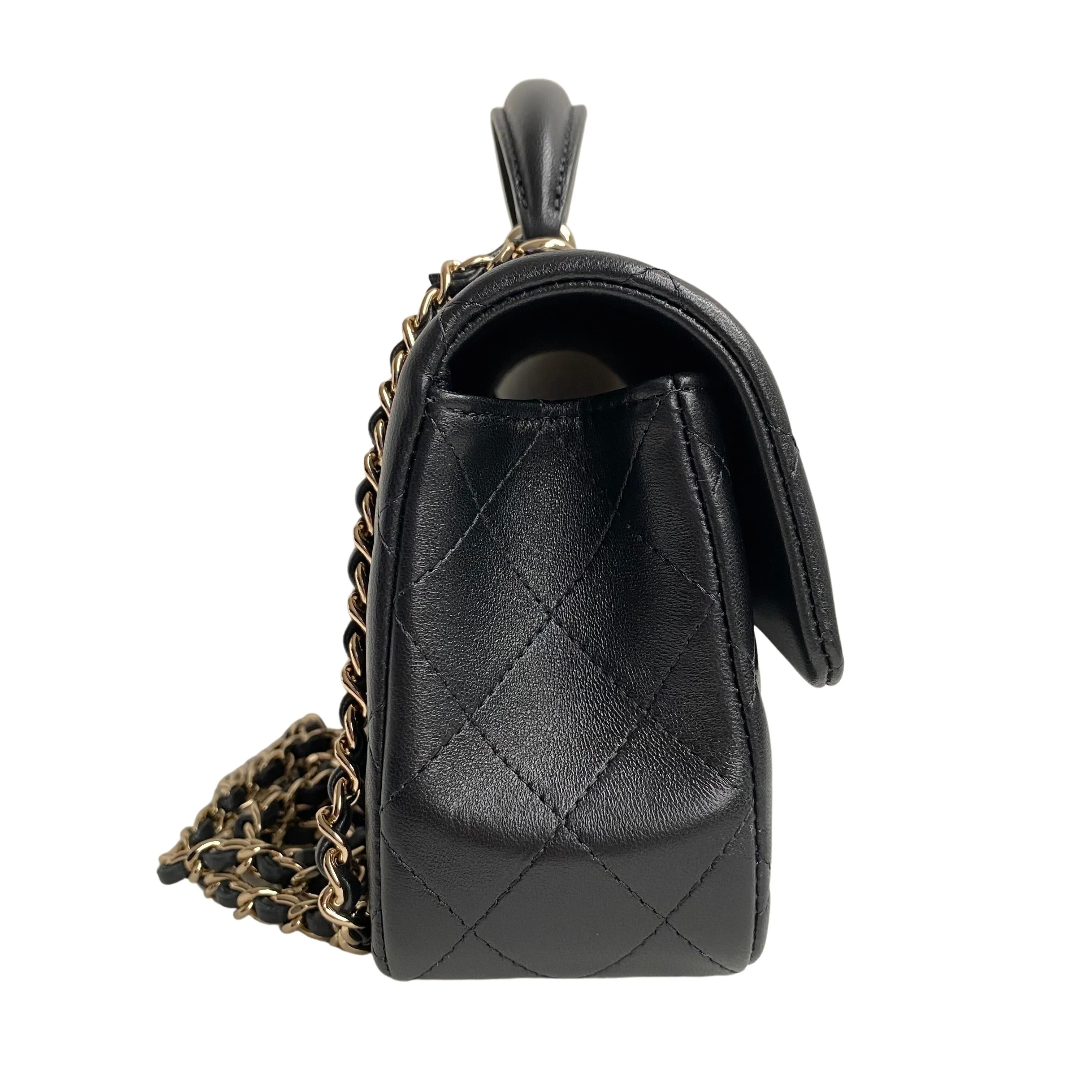 Black Lambskin Quilted Mini Top Handle Rectangular Flap