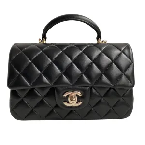 Black Lambskin Quilted Mini Top Handle Rectangular Flap