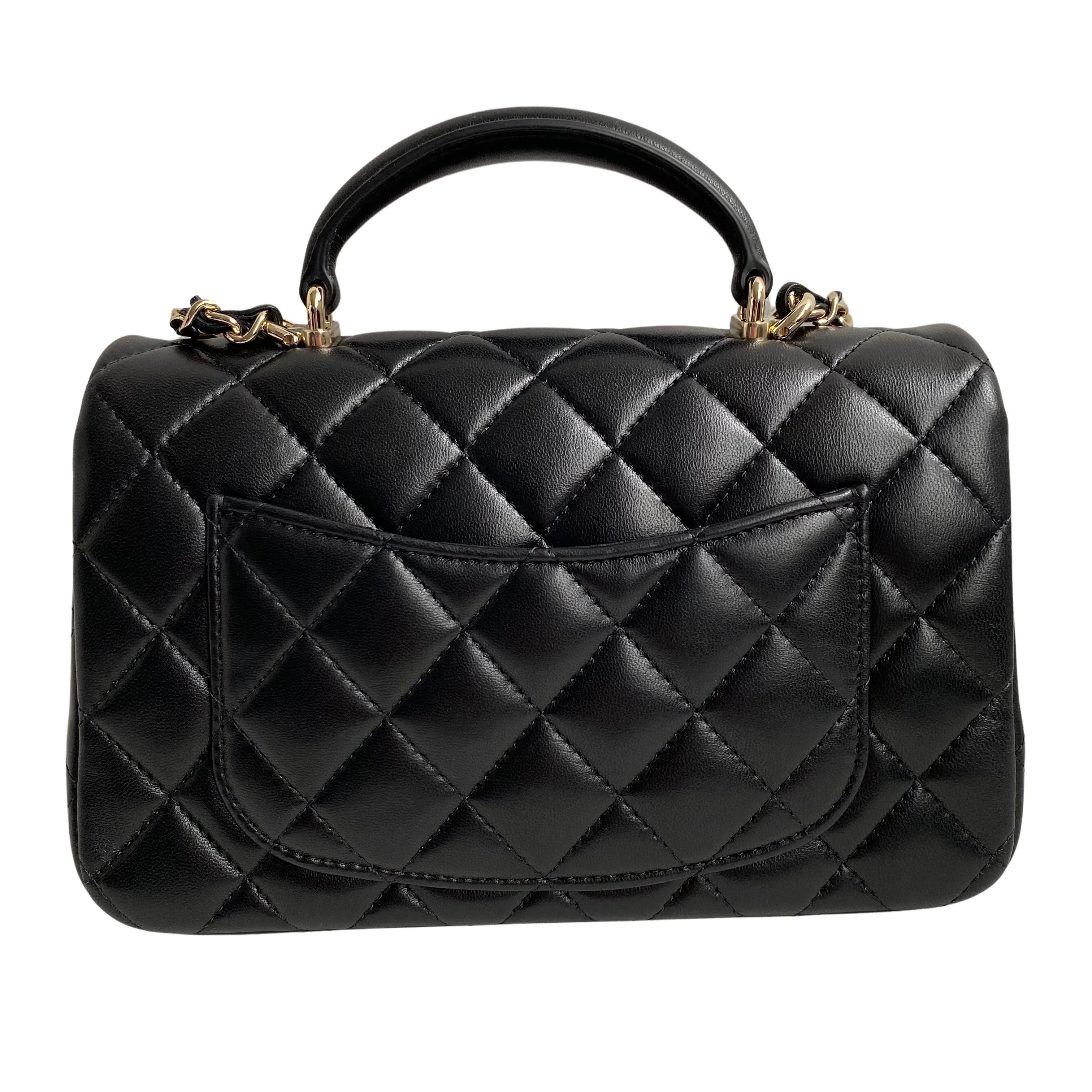 Black Lambskin Quilted Mini Top Handle Rectangular Flap