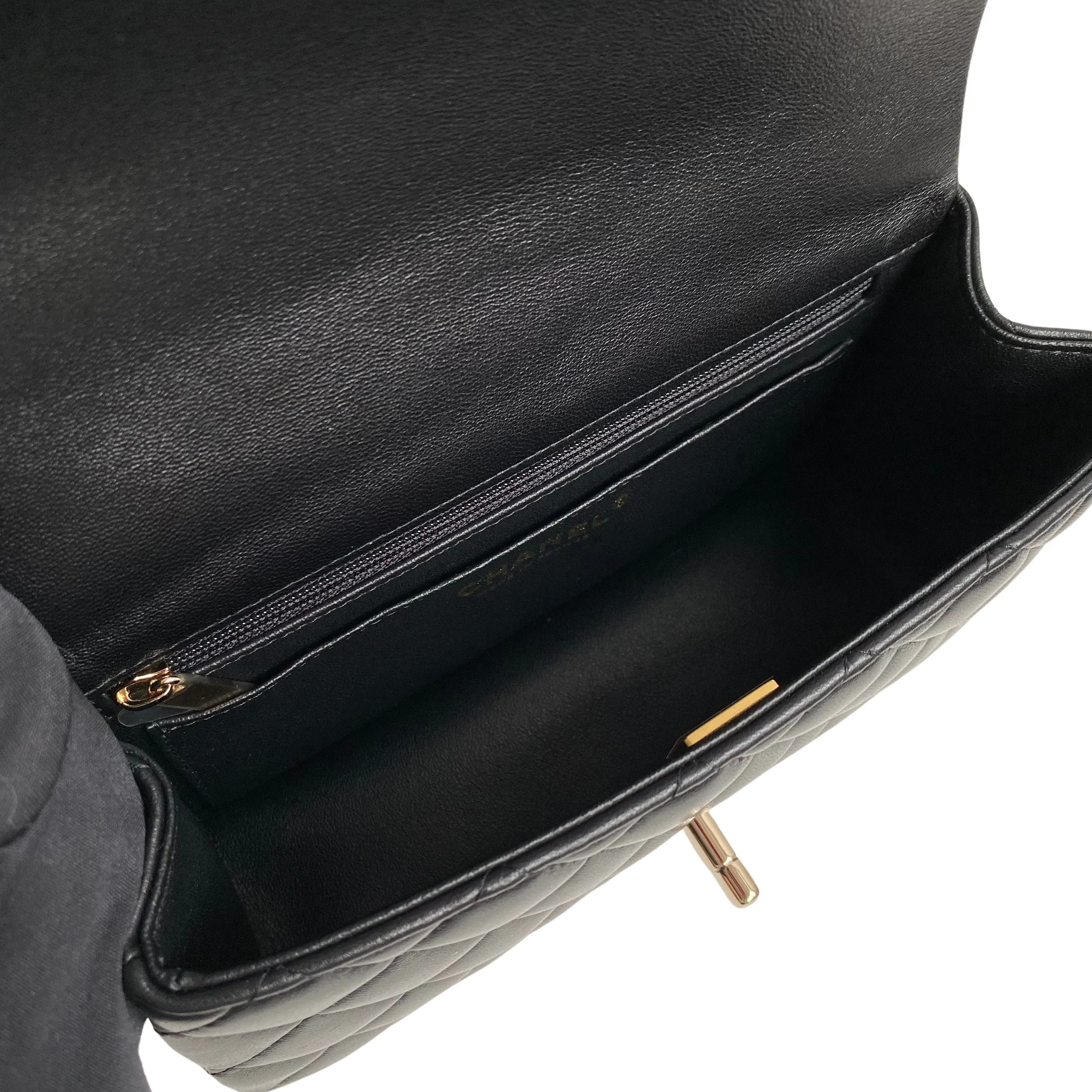 Black Lambskin Quilted Mini Top Handle Rectangular Flap