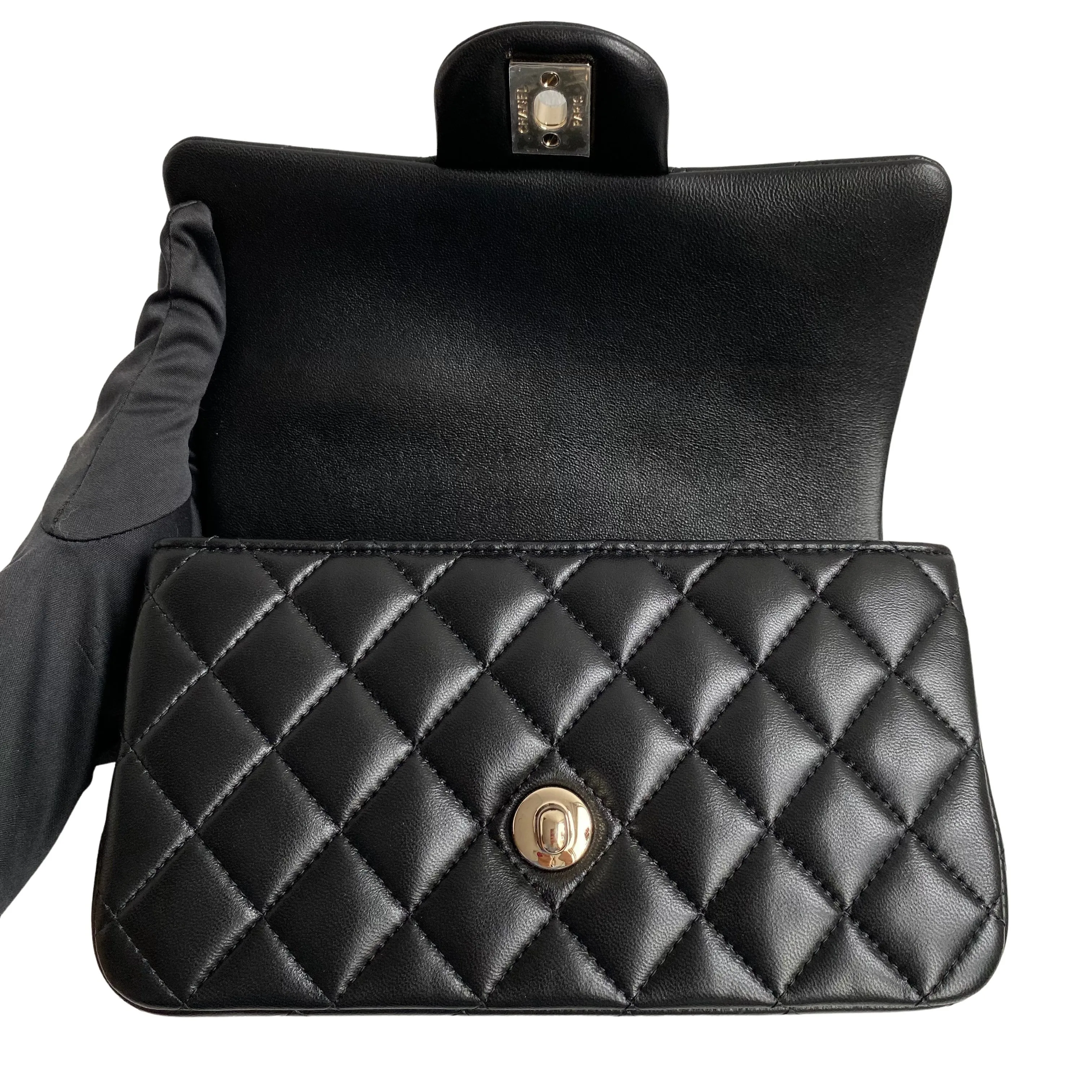 Black Lambskin Quilted Mini Top Handle Rectangular Flap