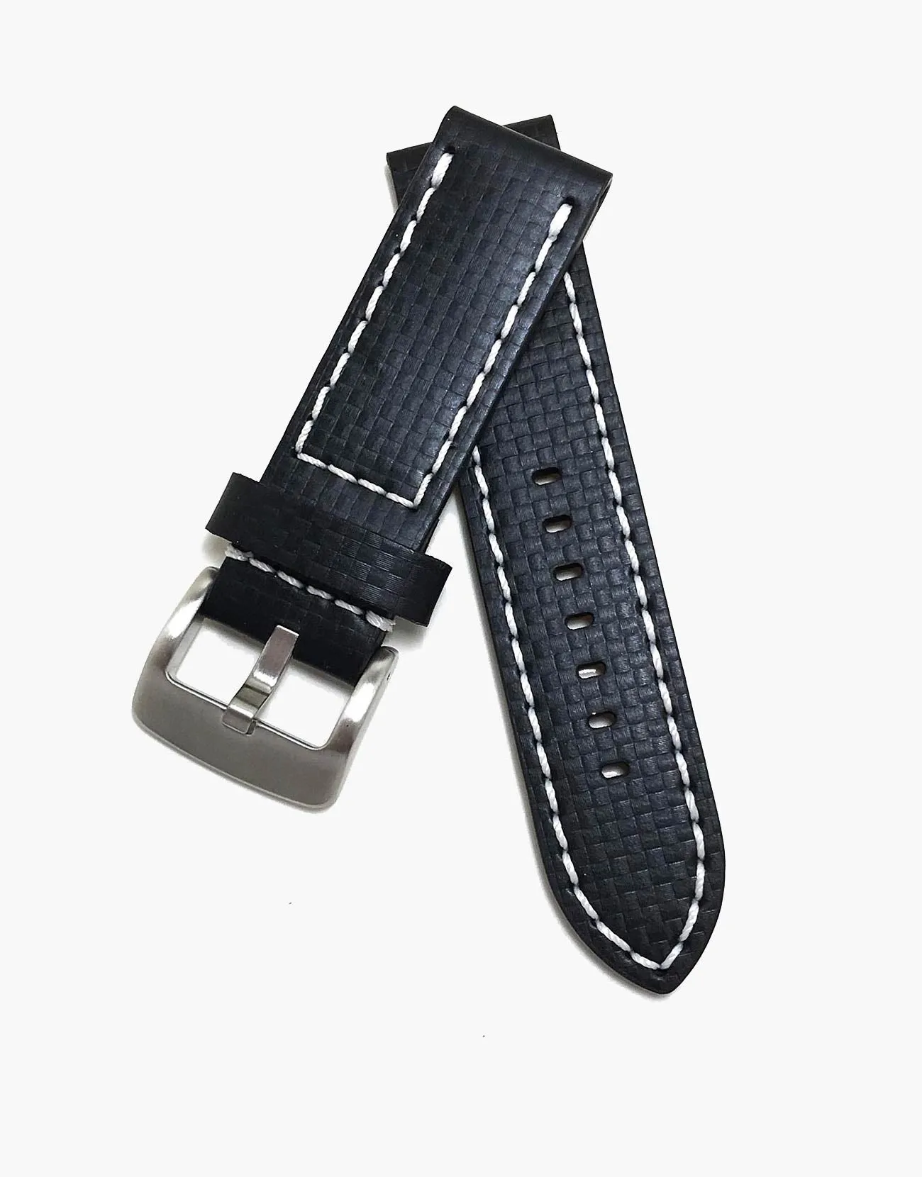 Black Leather Carbon Fiber Embossed Watch Bands White stitching by LUX
