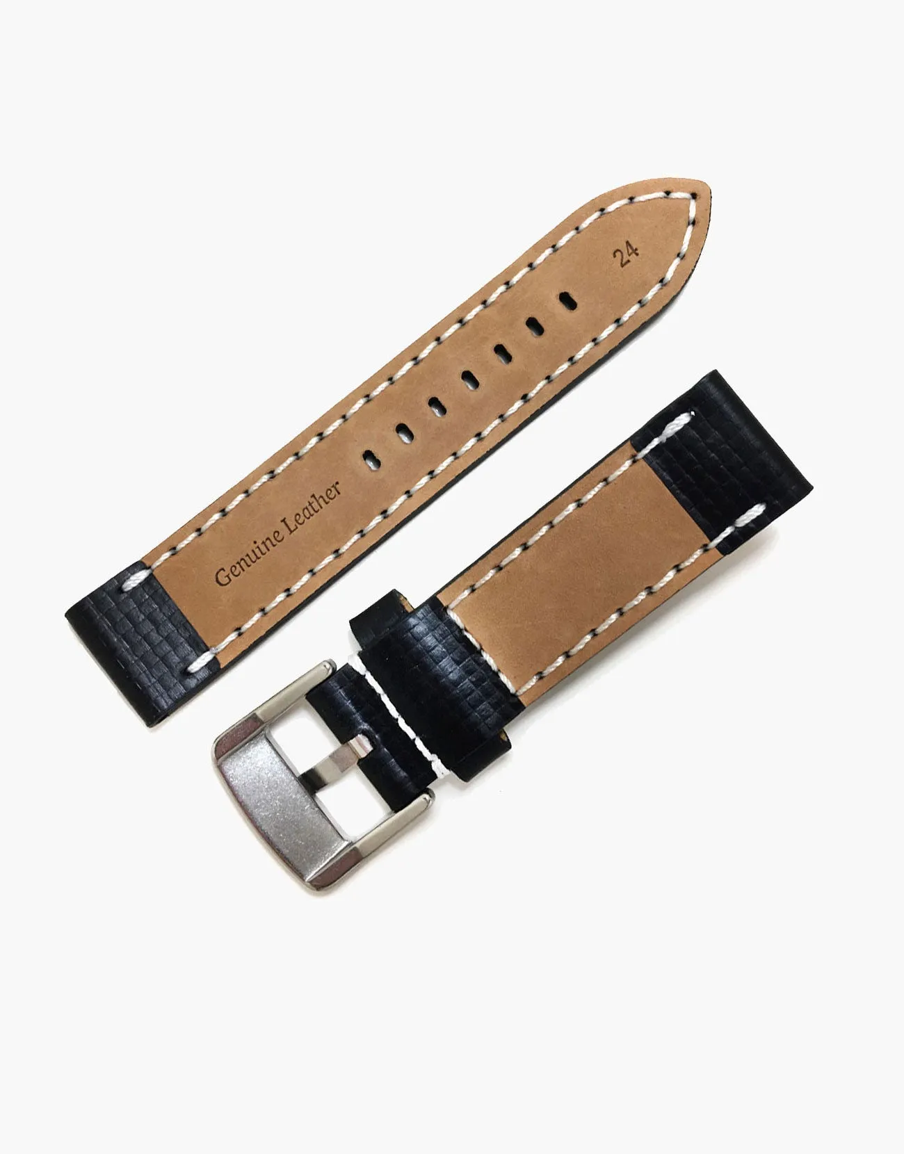 Black Leather Carbon Fiber Embossed Watch Bands White stitching by LUX