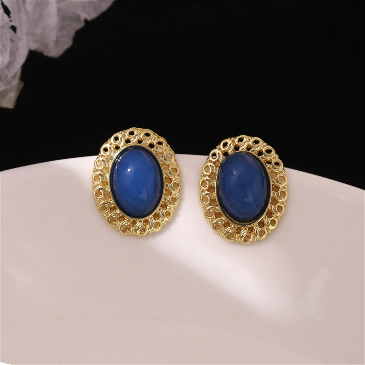 Blue & 18K Gold-Plated Openwork Oval Stud Earrings