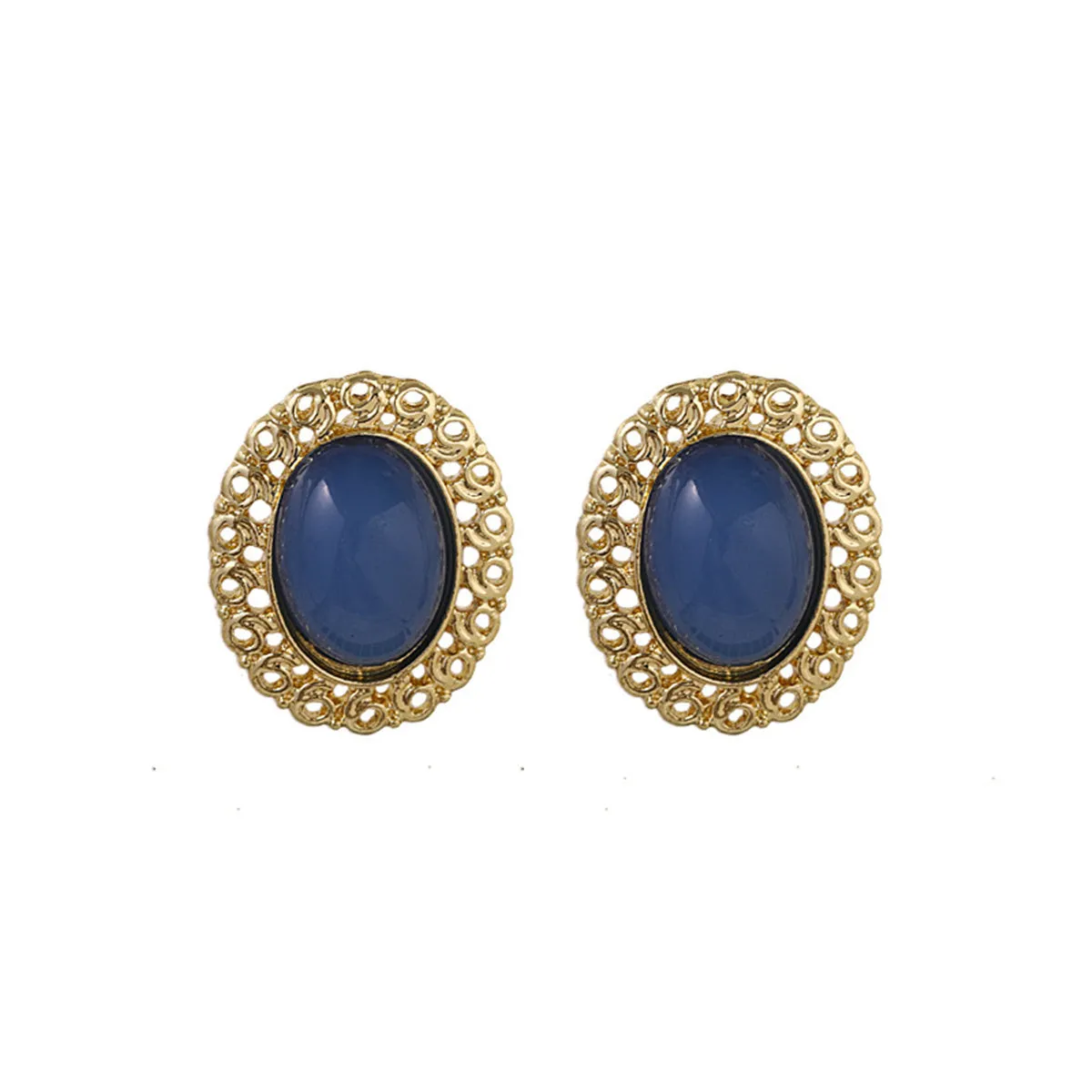 Blue & 18K Gold-Plated Openwork Oval Stud Earrings