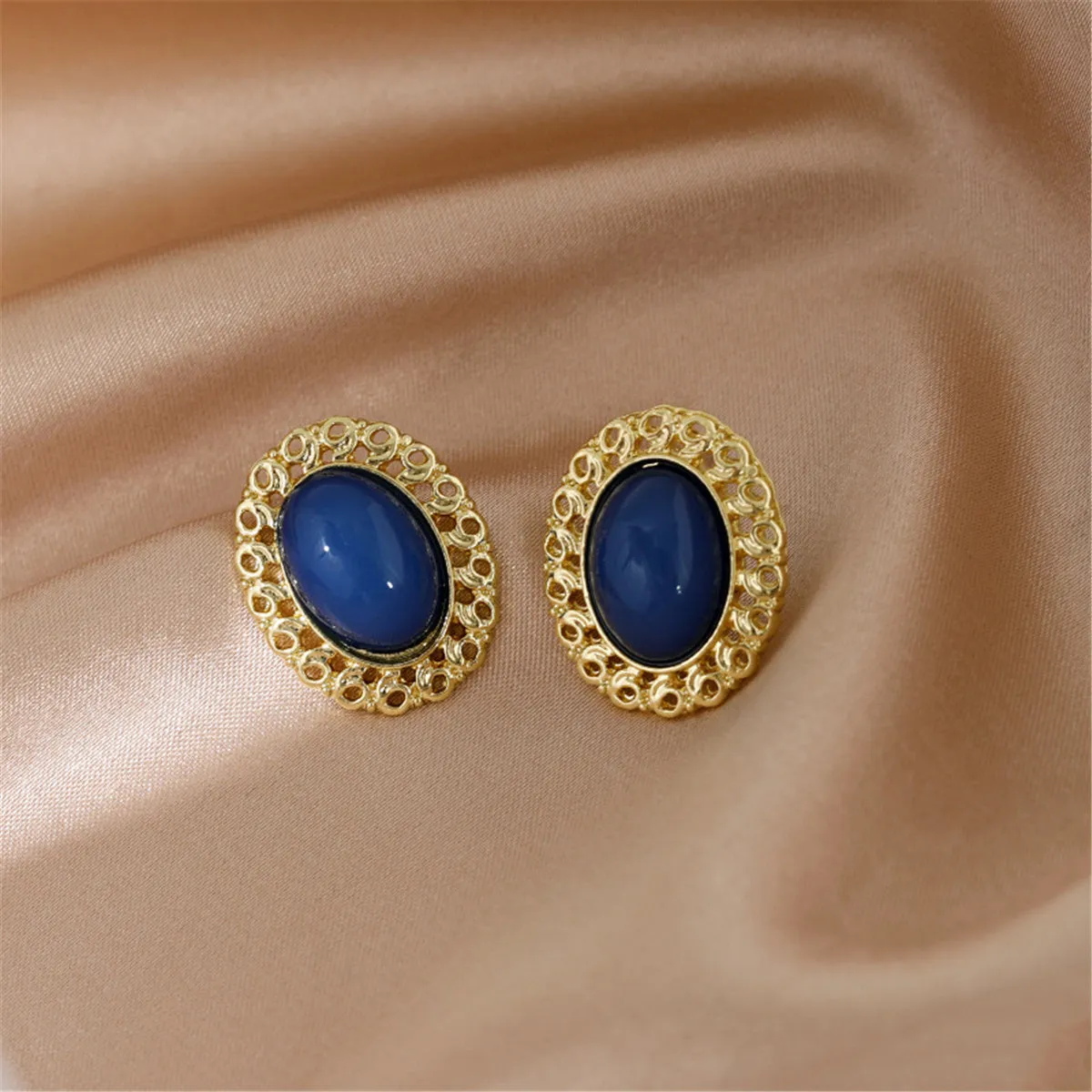 Blue & 18K Gold-Plated Openwork Oval Stud Earrings