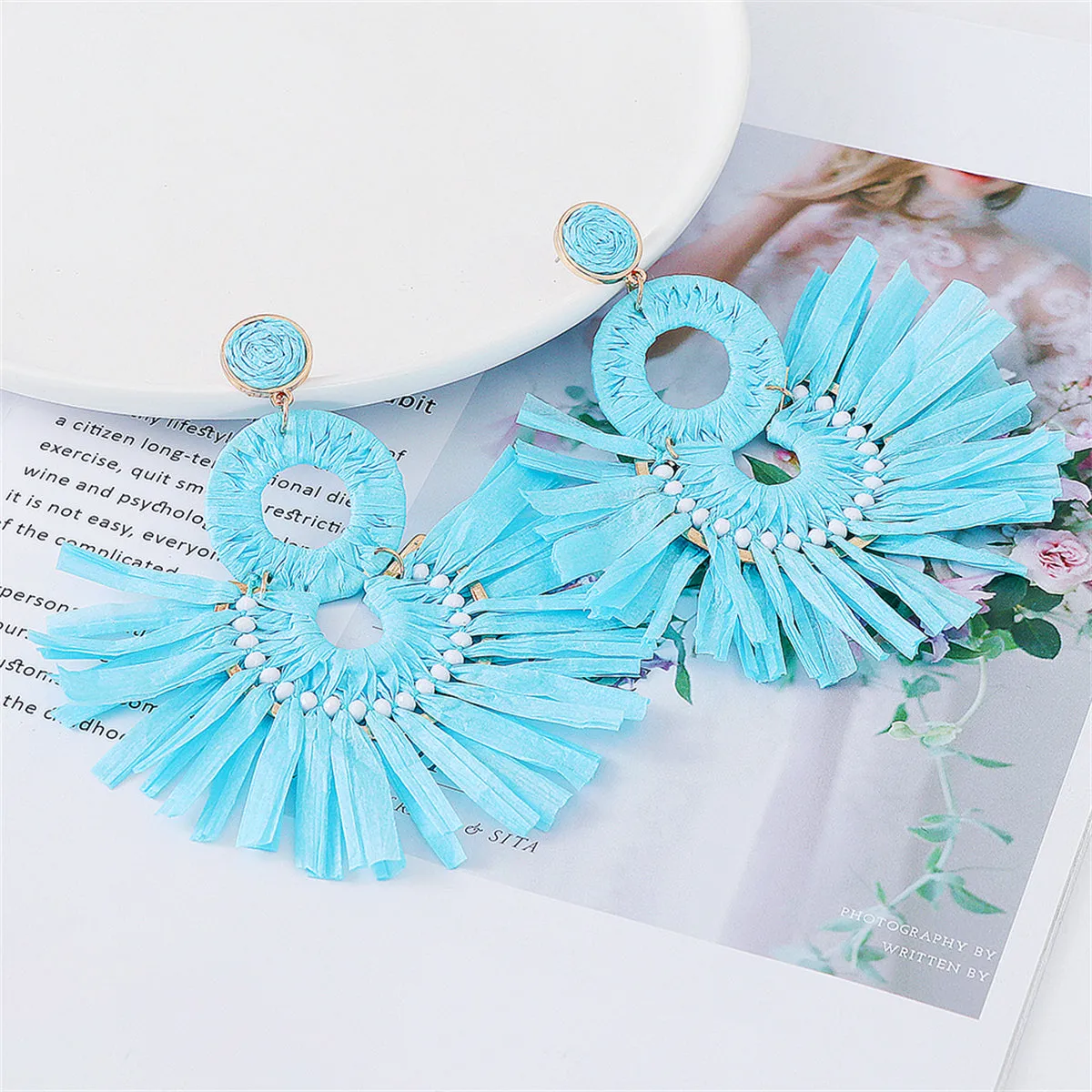 Blue Raffia & 18K Gold-Plate Tiered Fringe Fan Drop Earrings