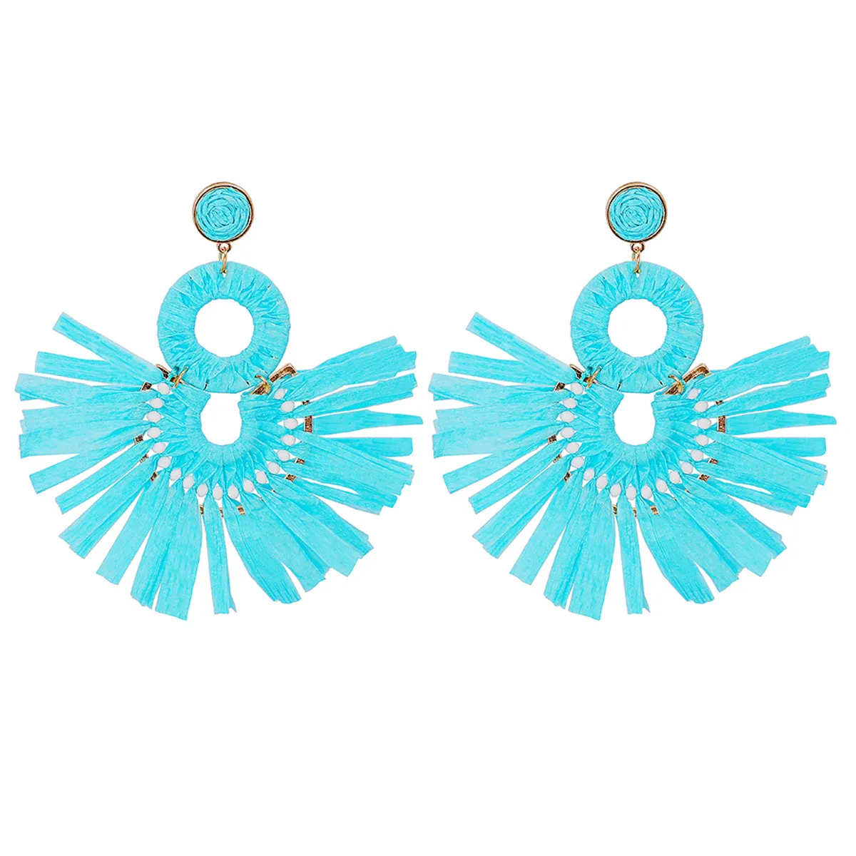 Blue Raffia & 18K Gold-Plate Tiered Fringe Fan Drop Earrings