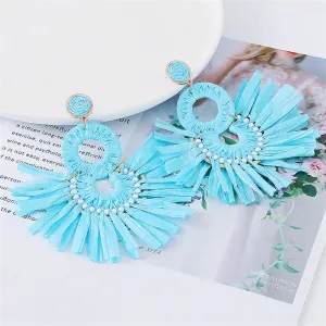 Blue Raffia & 18K Gold-Plate Tiered Fringe Fan Drop Earrings