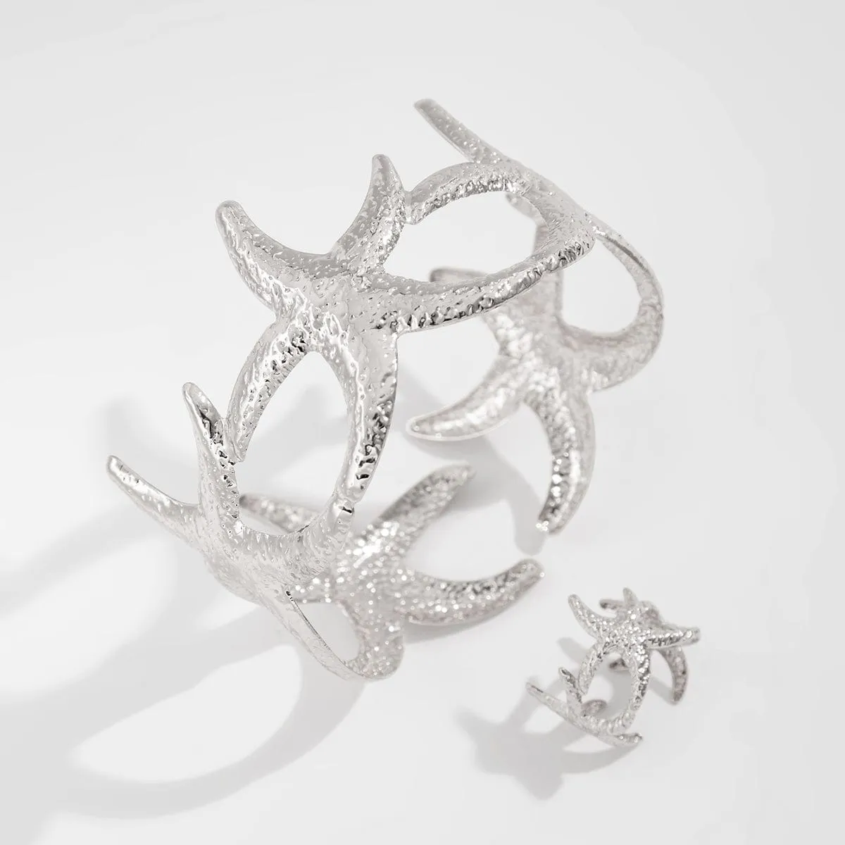 Boho Gold Silver Plated Starfish Open Ring Bangle Bracelet Set