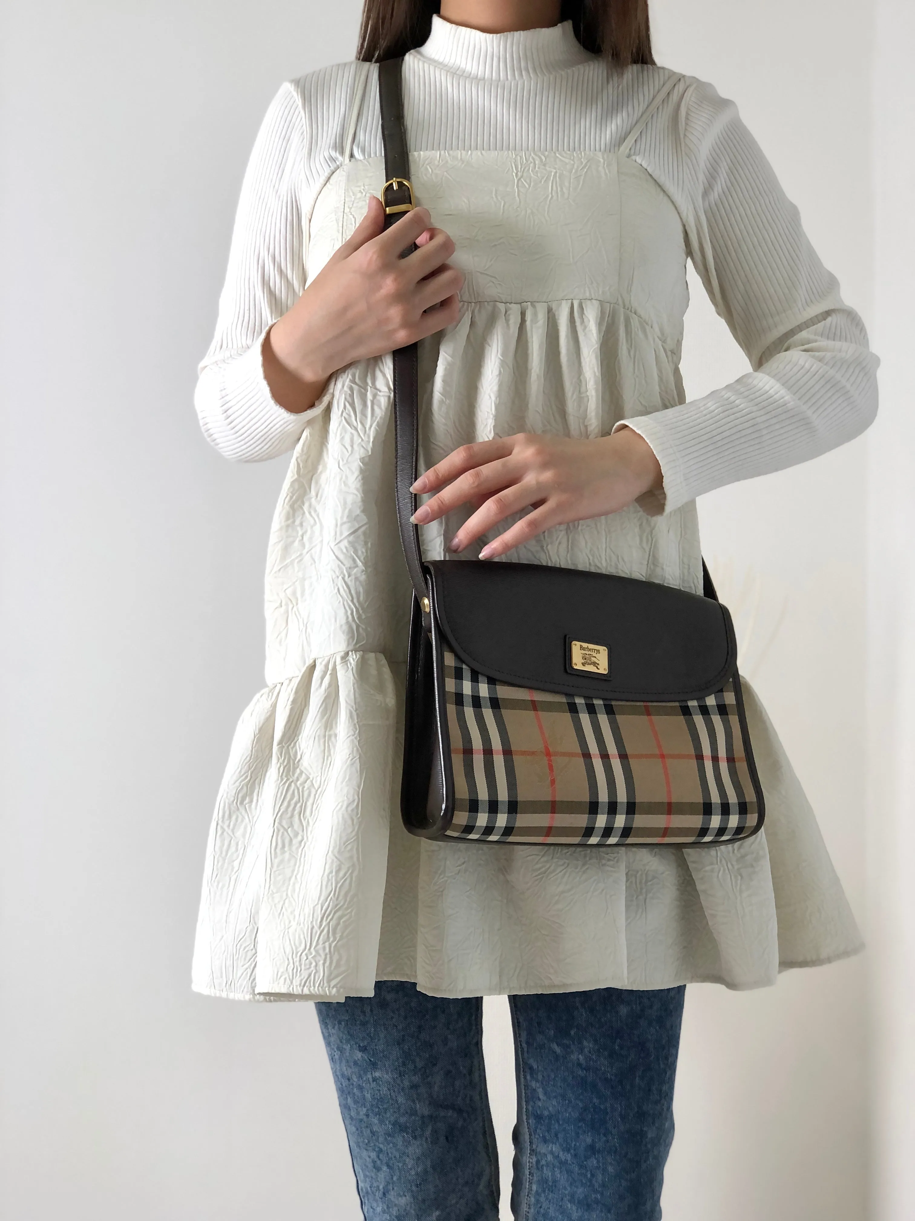 BURBERRY Classic Check Canvas Leather Shoulder bag Beige Brown Vintage sxruwc