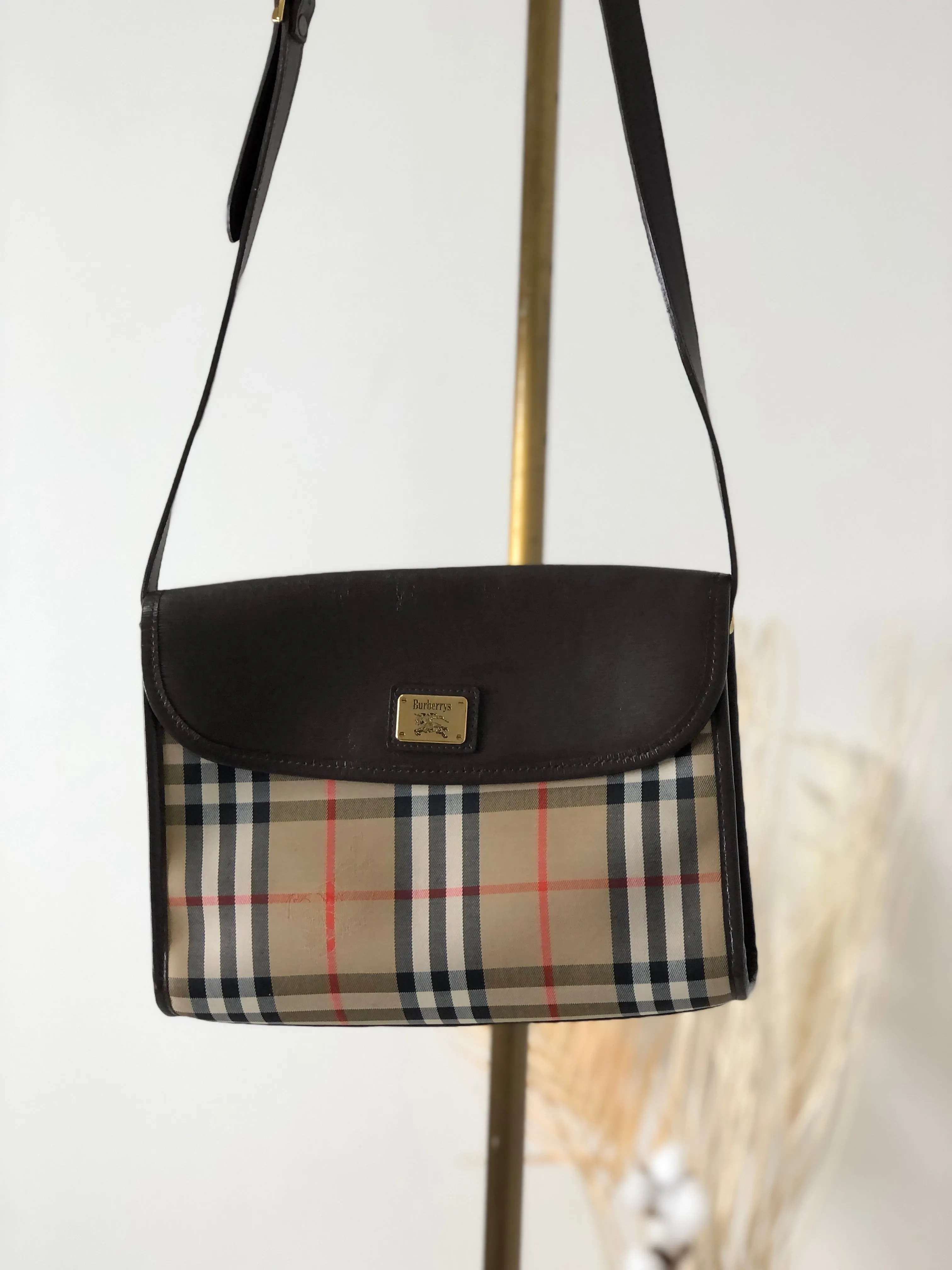 BURBERRY Classic Check Canvas Leather Shoulder bag Beige Brown Vintage sxruwc