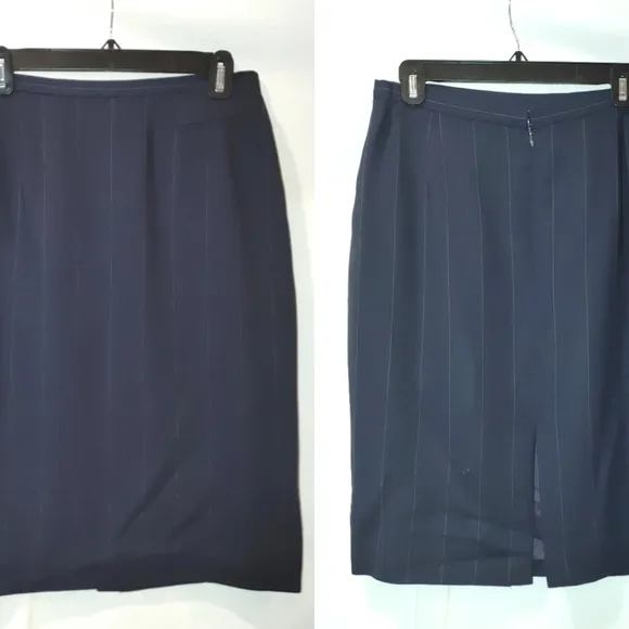 Burberrys Vintage Pencil Suit Skirt Navy Blue White Pinstripe Wool Lined Size 12