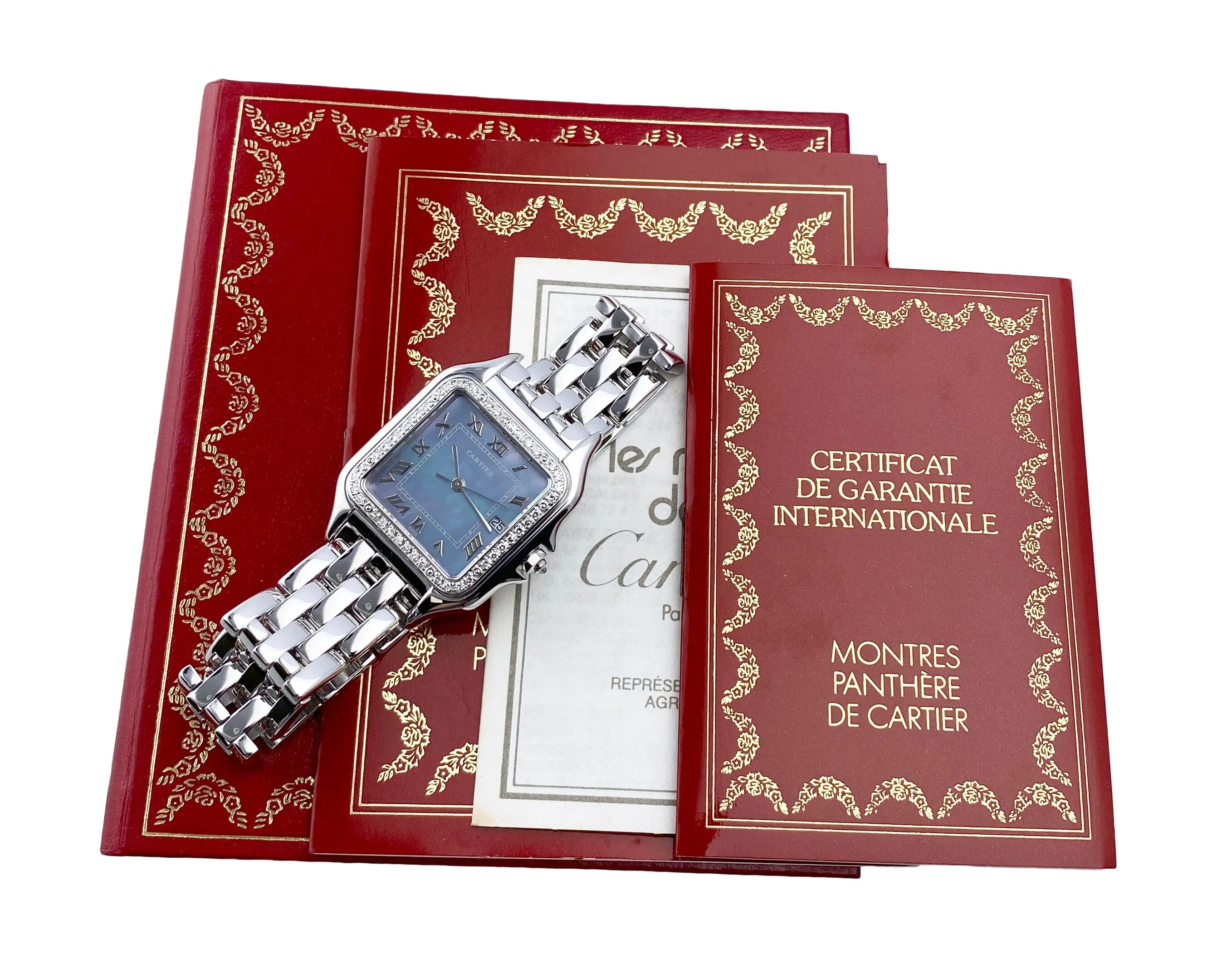 Cartier Panthere 1650 MOP White Gold Ladies Watch Box Papers