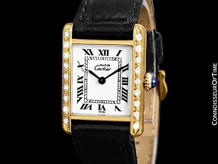 Cartier Vintage Ladies Tank Mechanical Watch - Gold Vermeil, 18K Gold over Sterling Silver & Diamonds