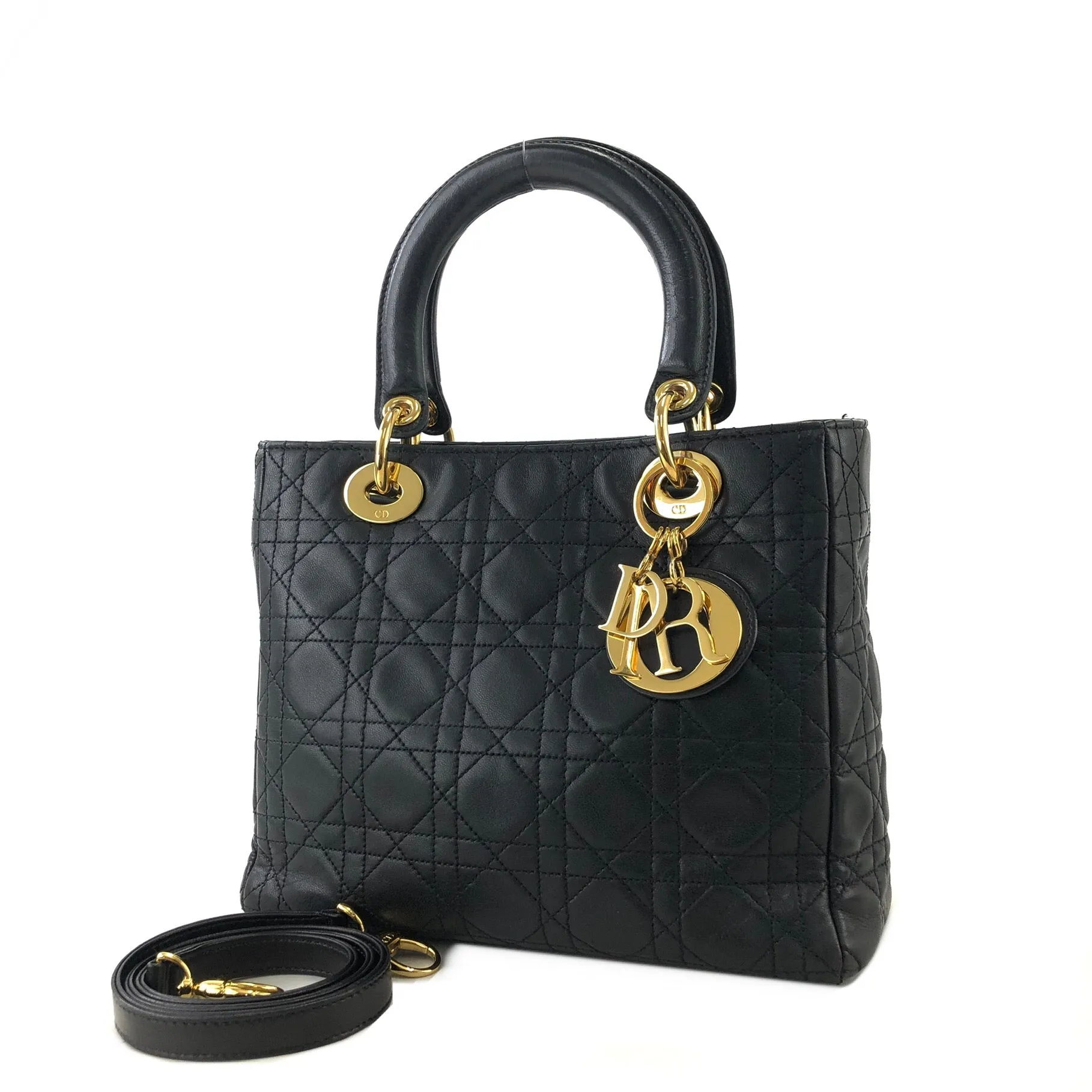 Christian Dior Cannage Ladydior Leather Two-way Handbag Shoulder bag Black Vintage khzzs3